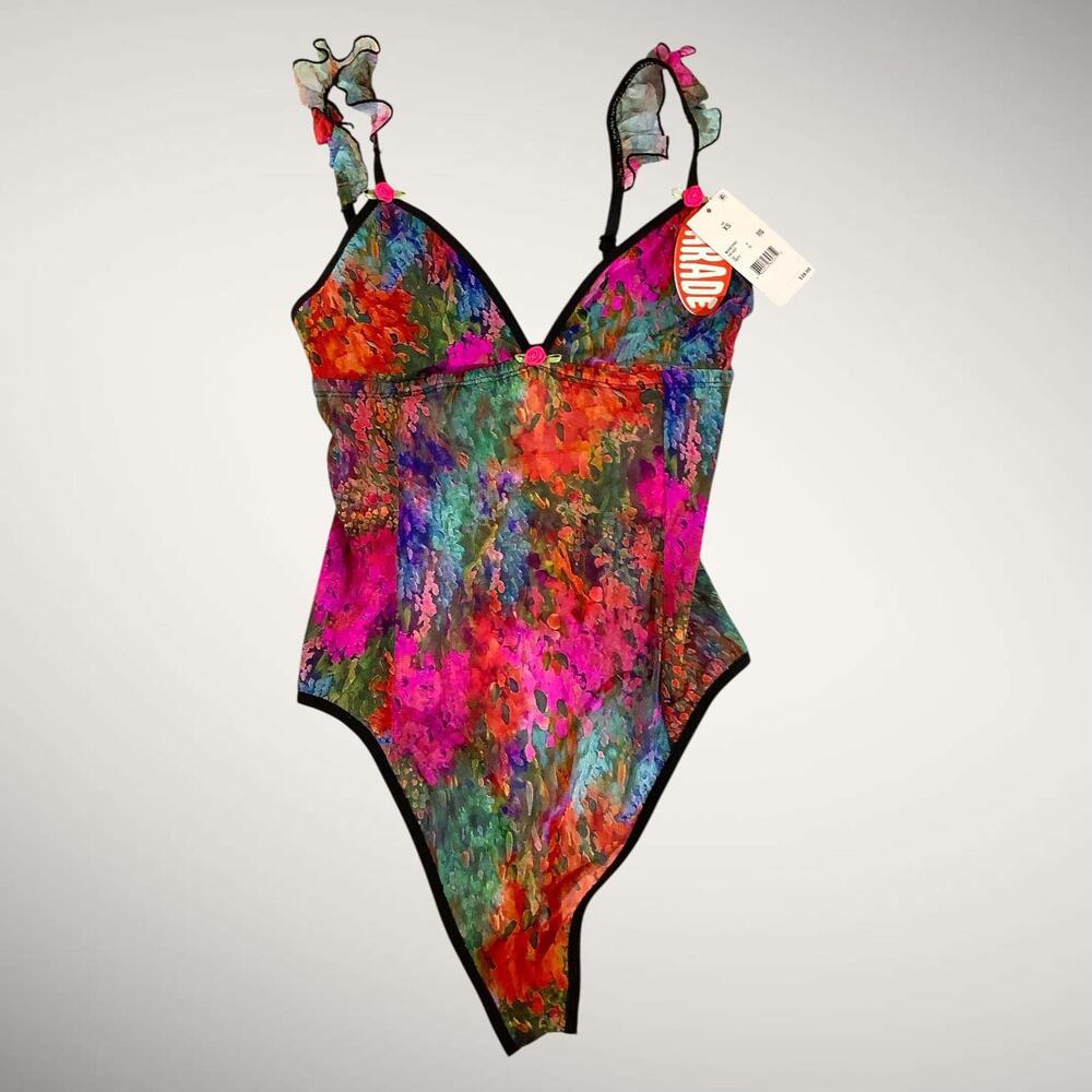 NWT Parade Soft Silky Mesh Flutter Strap BodySuit with Roses Accents, XS